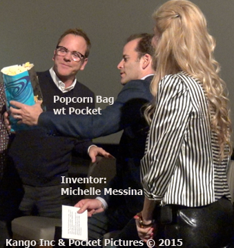 Kiefer Sutherland inventor Michelle Messina Presented with Patented Popcorn bag with pocket