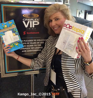 Inventor Michelle Messina with Kango Pocket on Popcorn Bag TIFF Cineplex VIP Theatres